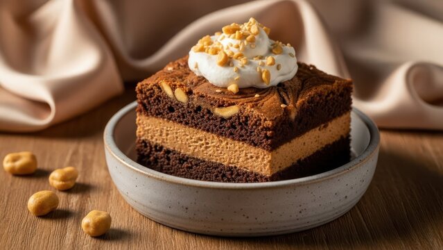 Layered chocolate brownie with peanut butter mousse and whipped cream topping