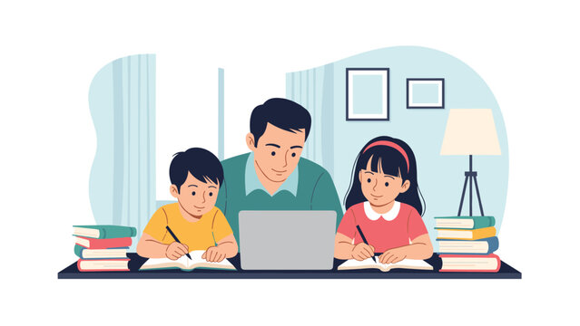 Caring father assisting his son and daughter with their school homework using a laptop at a desk with many books.