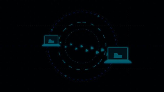 Neon, glowing laptops, connected by dots, futuristic network, cyber technology, data transfer