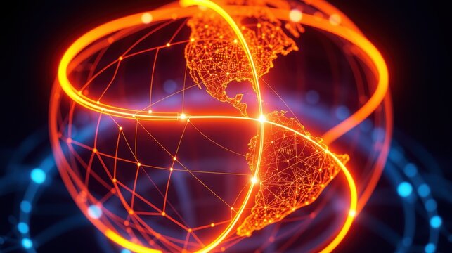 Glowing earth encircled by bright orange rings, connected dots represent global network. Futuristic digital world concept.