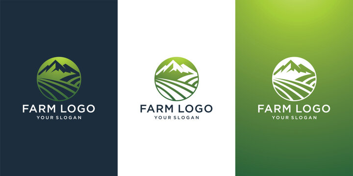 Farm logo design with mountain landscape.