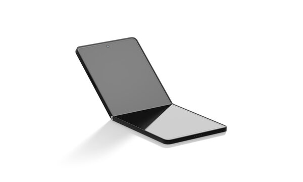 Blank black flexible chamshell phone display half folded mockup png, transparent background, 3d rendering. Empty transform smartphone frame mock up cut out. Clear hi-tech innovation flex template.
