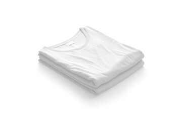 Naklejka premium Blank white folded square t-shirt mockup stack png, transparent background, 3d rendering. Empty stacked fabric tee-shirt mock up cut out. Clear jersey cloth garment with tag for logotype template.