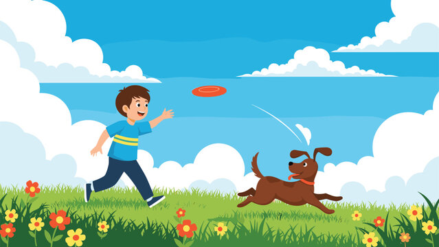 Energetic young boy plays fetch with his happy brown dog by throwing a frisbee in a colorful flower meadow under a bright blue sky.
