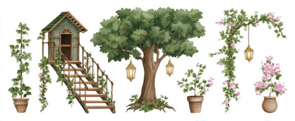 Naklejka premium Whimsical treehouse with vines and lanterns ideal for nursery decor and murals.