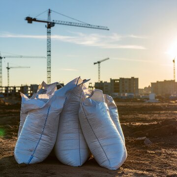 Gros sacs blancs de ciment pos&eacute;s sur terre battue avec grues en arri&egrave;re-plan
