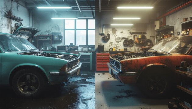 Garage avec deux voitures anciennes, une verte et une orange, en cours de restauration