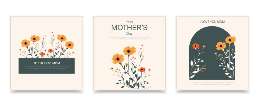 Happy Mother&rsquo;s Day Floral Card Set with Orange Flowers and Elegant Minimal Design, vector illustration.