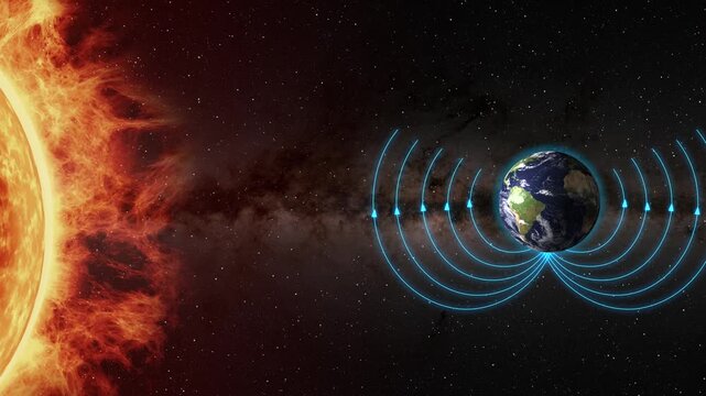 A captivating motion graphic depicts earth's magnetic field protecting it from sun's dangerous solar wind.