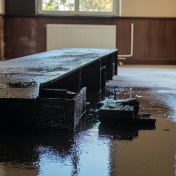 Banc inond&eacute; dans une salle vide abandonn&eacute;e