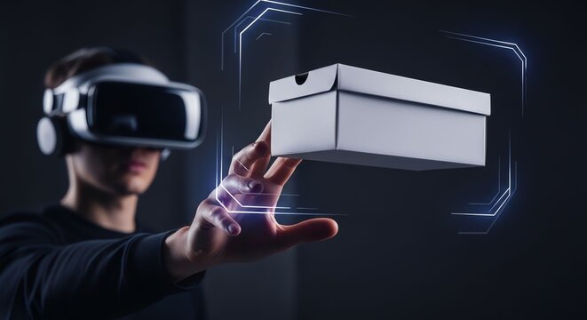 Futuristic Virtual Reality User Interacting with Digital Interface in Dark Environment.