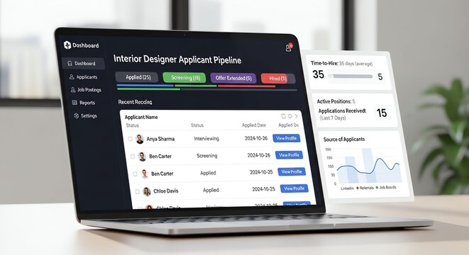 Modern interior design workspace with digital interface and plant decor.