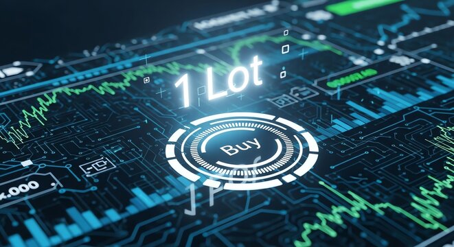 Digital Stock Market Trading Screen with Financial Data and Buy Button.