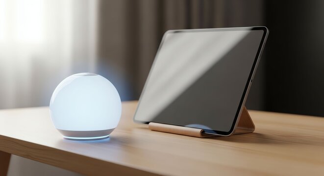 Modern smart home device setup with glowing lamp and tablet on wooden table.