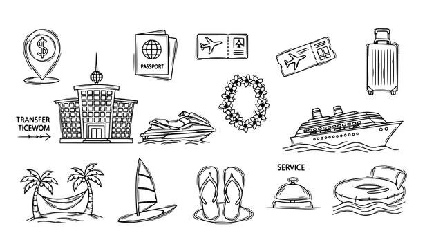 Hand drawn thin line travel icons set with tropical beach cruise airport and vacation elements vector collection