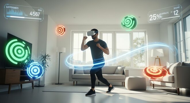 Young man exercising with holographic targets in modern living room.
