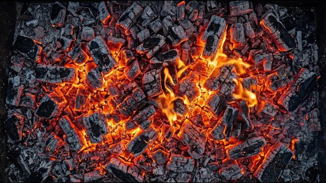 Close-up view of glowing hot embers and charcoal in a barbecue grill, creating a fiery and intense visual.