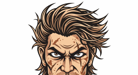 Obraz premium Intense gaze from a weathered, anime-style male face with stylized, spiky brown hair
