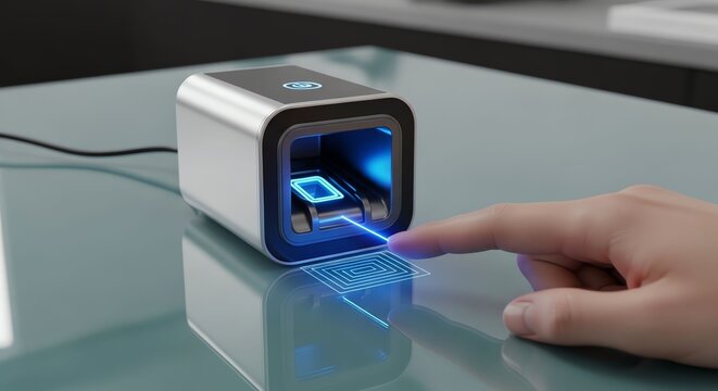 Modern biometric fingerprint scanner device with digital interface for security authentication.