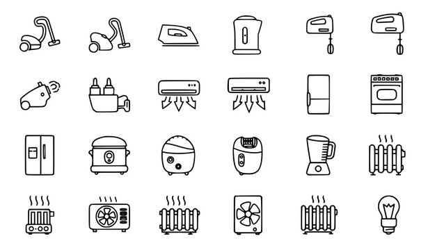 Modern outline home appliance icon set in circular layout with kitchen electronics and smart devices vector