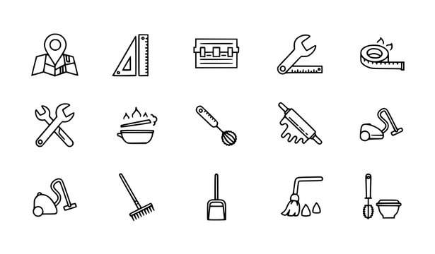 Modern outline home service icon set in circular layout with tools cleaning and kitchen equipment vector