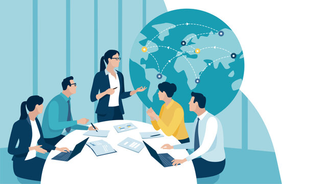 Teamwork. Successful global business strategy. The team discusses sitting in front of the globe. Business vector illustration template. 