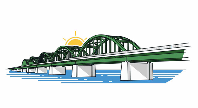 Green arched bridge spans blue water under a bright yellow sun