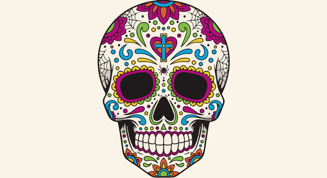 Colorful skull decorated with floral patterns and a spider