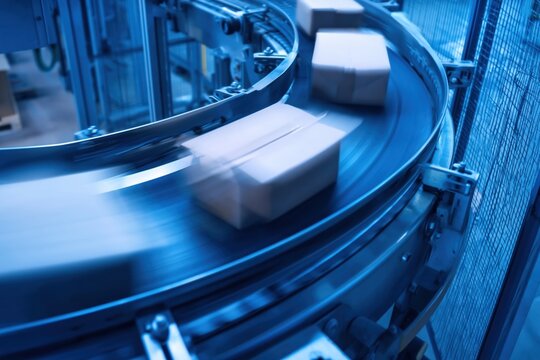 Conveyor belt transporting packages in warehouse automation system