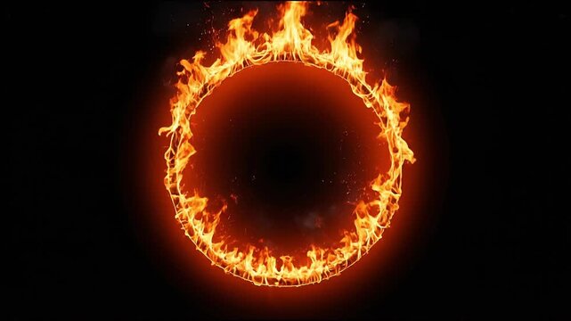 A fiery ring of intense flames burns brightly against a dark, black background, creating a dramatic and powerful visual effect.