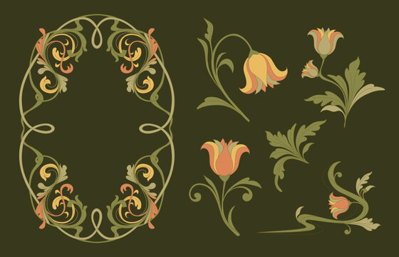 Elegant art nouveau floral frame, corners with ornate botanical ornament and decorative vintage border. Botanical vector design elements for sophisticated projects isolated on background