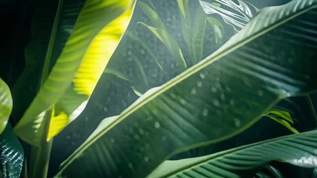 tropical green palm leaves with sunlight, lush foliage background