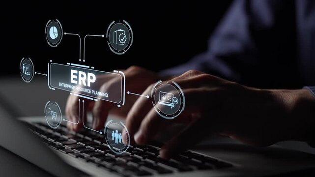 ERP platform visual showing centralized system for enterprise resource planning, improving integration, data flow, business efficiency, finance, inventory, and human resources. Muxer