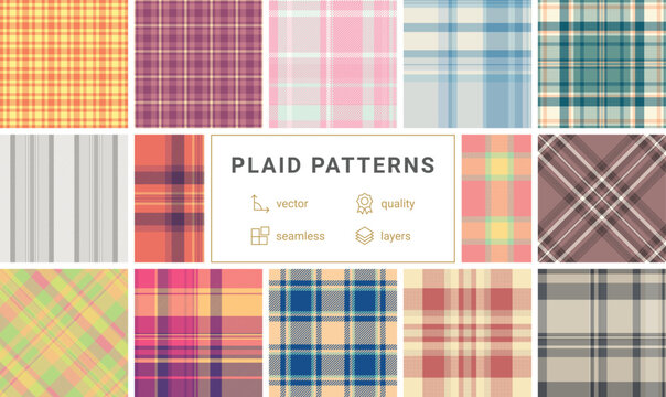 Professional plaid pattern set licensing projects. Market ready tartan versatility fits diverse applications. Vector files meet standards.