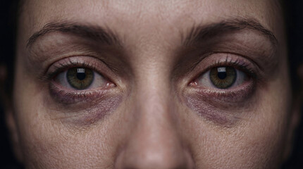 Fototapeta premium Bruises and bags under the eyes of a tired woman concept. Close-up shot of a person reflecting deep emotional distress.