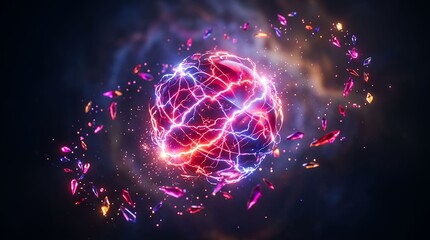 Obraz premium Glowing futuristic energy orb with vibrant electric plasma and particles in dark space background