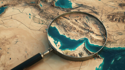 Naklejka premium Magnifying glass over Strait of Hormuz map highlighting geopolitical focus global trade routes and energy security analysis
