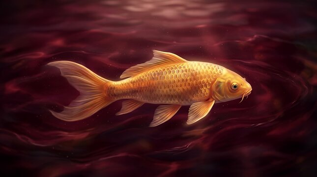Golden koi fish swimming gracefully in tranquil dark water environment