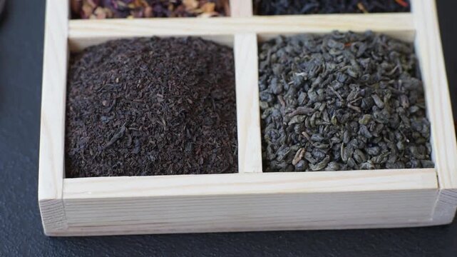 A box of various dry teas, black, green, herbal, and fruit, with flavored additives. A set of different tea varieties as a backdrop for your design