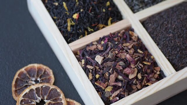 A box of various dry teas, black, green, herbal, and fruit, with flavored additives. A set of different tea varieties as a backdrop for your design