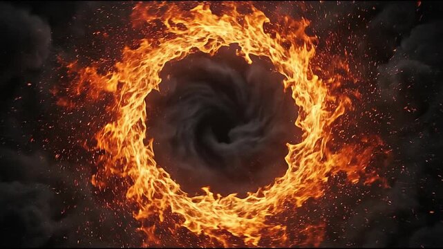 A swirling vortex of dark smoke and fire forms a circular portal.