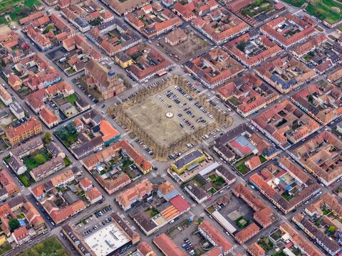 Aerial view of the octagonal grid layout of the UNESCO World Heritage Site of Neuf-Brisach, with its central square and surrounding red-roofed buildings, Neuf-Brisach, Grand Est, France.
