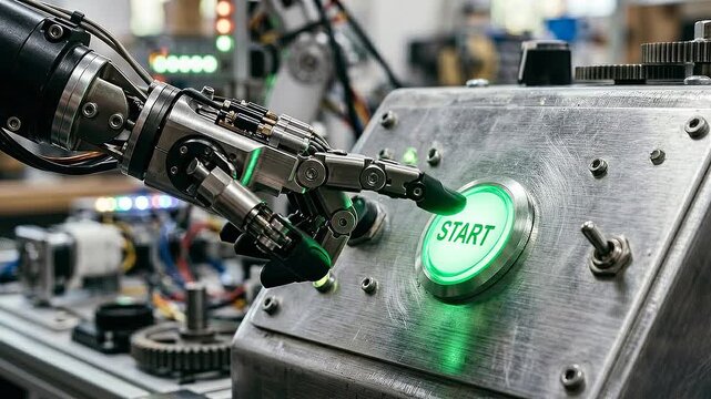 Robotic finger presses start button industrial control panel signaling future workforce automation with metal gears and mechanical components