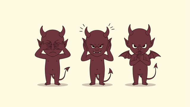 Three little purple devils act out the classic three wise monkeys pose of see no evil, hear no evil, and speak no evil.