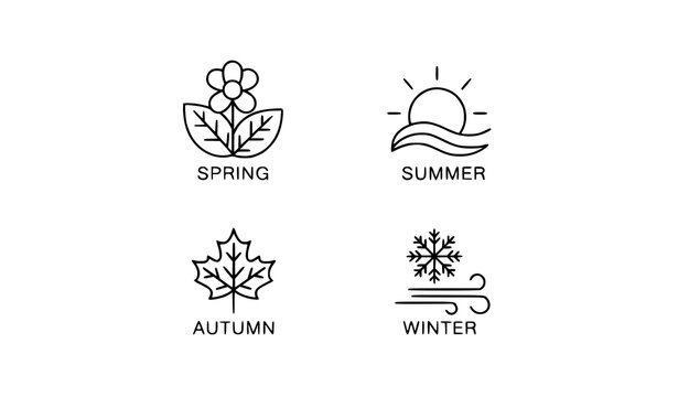 Four seasons pixel perfect editable stroke icons set with spring summer autumn winter line art for UI and design