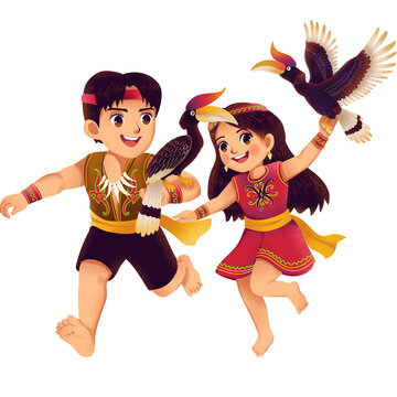 illustration of Dayak children playing with hornbills