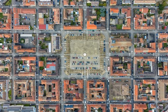 Aerial view of the perfectly symmetrical star-shaped layout of the town with its central square, a testament to Vauban's military architecture, Neuf-Brisach, Grand Est, France.