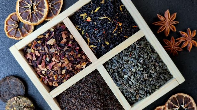 A box of various dry teas, black, green, herbal, and fruit, with flavored additives. A set of different tea varieties as a backdrop for your design