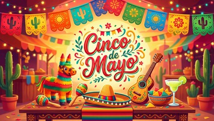 Fototapeta premium Festive Cinco de Mayo table with pinata, sombrero, maracas, guitar, margarita glass and nachos. Colorful Mexican holiday decorations in market stall setting. Spanish text Cinco de Mayo for