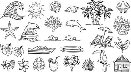 Vector Illustration Set of Tropical Beach and Ocean Themed Elements Hand Drawn in Doodle Line Art Style Perfect for Summer Vacation Designs © Nimy_